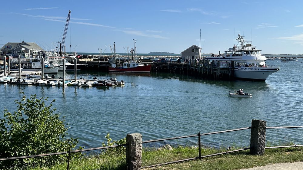 Plymouth Harbor with fishing boats and a charter boat